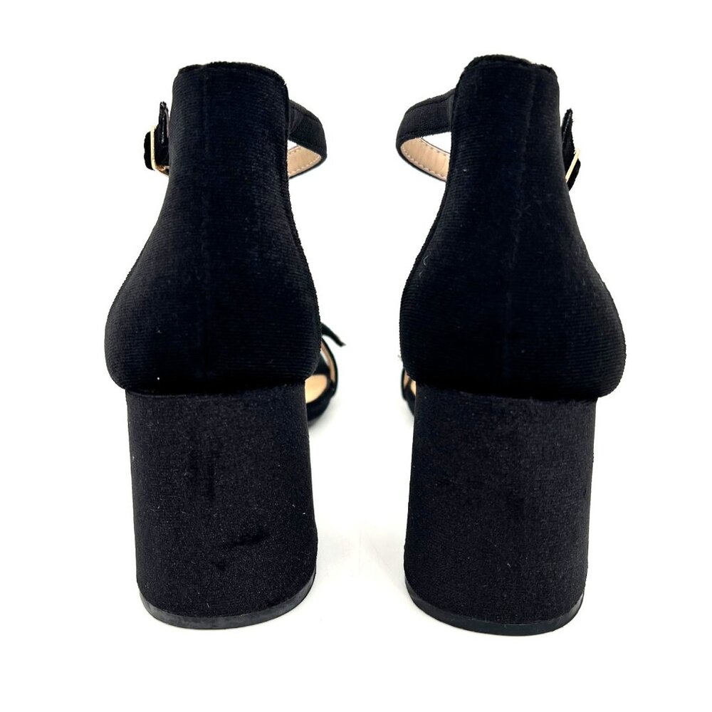 Comfort Black Velvet Ankle Strap Block Heels Womens Shoes Size 8 Rhinestone Bow - Picture 8 of 16